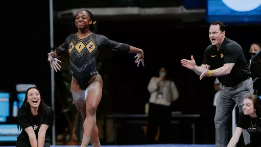 Senior Amari Celestine Mizzou gymnastics head coach Shannon Welker during Celestine's floor routine at the NCAA Championship Regional Finals on Sunday, April 6, 2025.