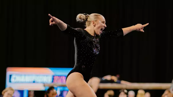 Kaia Tanskanen celebrating after her floor routine during the Mizzou gymnastics team's NCAA Championship Semifinal meet on April 17, 2025.