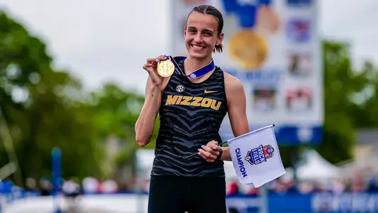 Mizzou track and field's Kristi Perez-Snyman with her gold medal in women's high jump at the 2025 SEC Outdoor Track and Field Championships in Lexington, Kentucky.