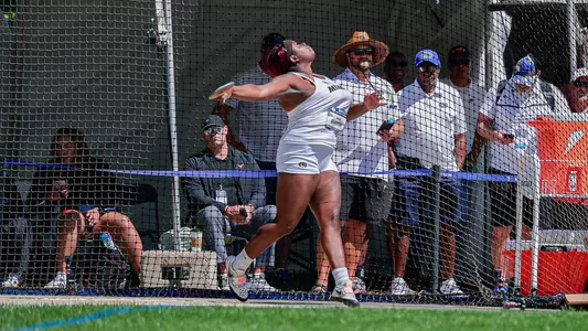 Missouri track and field's Ames Burton during her sixth-place performance during the discus event at the 2025 SEC Outdoor Track and Field Championships.