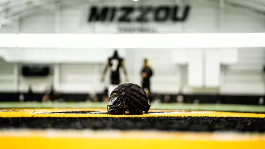 Mizzou Practice Helmet showcased in the Stephen Indoor Facility