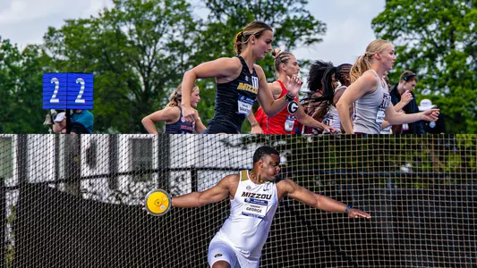 Freshman Brooke Sawatzky (top) running in the 100m of the heptathlon and senior Tarique George (bottom) throwing in men's discus at the 2025 SEC Outdoor Track and Field Championships.