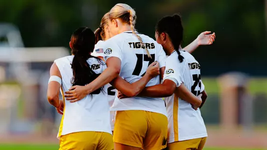 Emily Derucki celebrates her goal during the team's 2025 exhibition game against Kansas State with teammates on August 6, 2025.