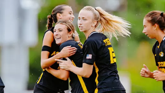 Ava Vetter celebrates with Mizzou soccer teammates after scoring her second goal of the season against Missouri State on August 31, 2025.