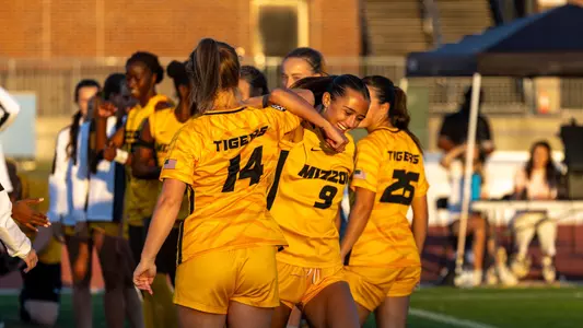 Ava Lamothe and Morgan Schaefer hype each other up prior to Mizzou soccer's game against Kansas City on September 7, 2025.
