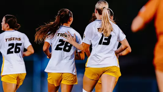 Olivia Chianelli and Morgan Meador share a moment together during Mizzou soccer's match against Texas on September 12, 2025.