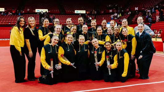 Mizzou gymnastics with its first-place trophy after winning the Ameritas Master's Classic on Saturday, Jan. 10, 2026.