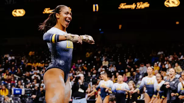 Kennedy Griffin of the Mizzou gymnastics team competes in her floor routine during the meet against Iowa State on Jan. 4, 2026.