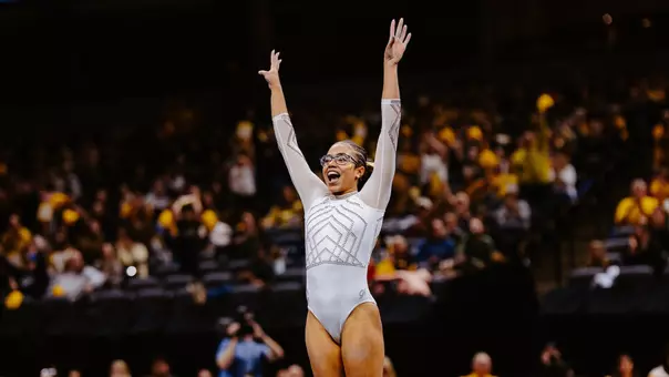 Ayla Acevedo after her floor exercise routine against Oklahoma on Jan. 16, 2026.