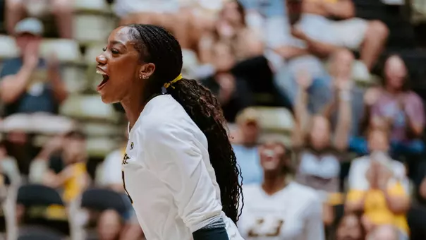 Tyrah Ariail Celebrates a point against Arkansas State