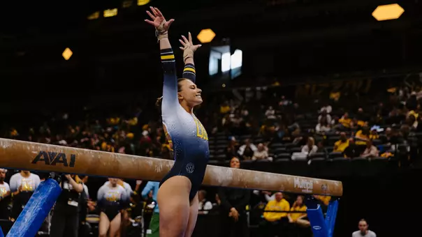 Graduate Lauren Macpherson poses after performing her beam routine in Mizzou gymnastics' win over Iowa State on Jan. 4, 2026.