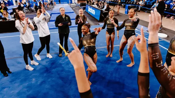 Hannah Horton celebrates following her floor routine at No. 25 Kentucky on February 13, 2026.