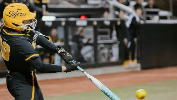 Freshman Sidney Forrester hits a ball against Miami (OH) during the Mizzou Invitational