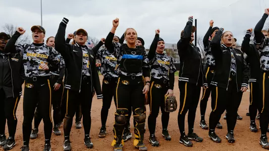 Mizzou Softball Lines Up to Celebrate Its 8-0 Victory Over UT Martin At Home