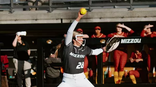 Freshman Abby Carr pitches against Iowa State in the 6-4 victory at the Mizzou Bye-Week Series