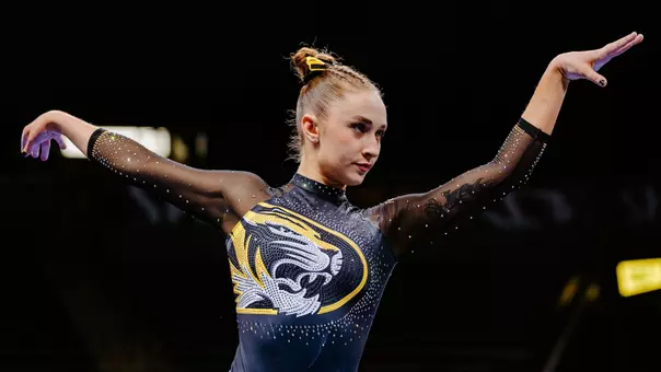 Addison Lawrence during her balance beam routine during Mizzou gymnastics' Mizzou Quad meet on Feb. 20, 2026.