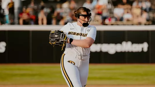 Senior Courtney Donahue readies to pitch against Alabama at Mizzou Softball Stadium