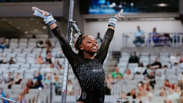 Mizzou gymnast Hannah Horton holds her finish after her bars routine at the 2026 NCAA Championship Semifinal on April 16, 2026.