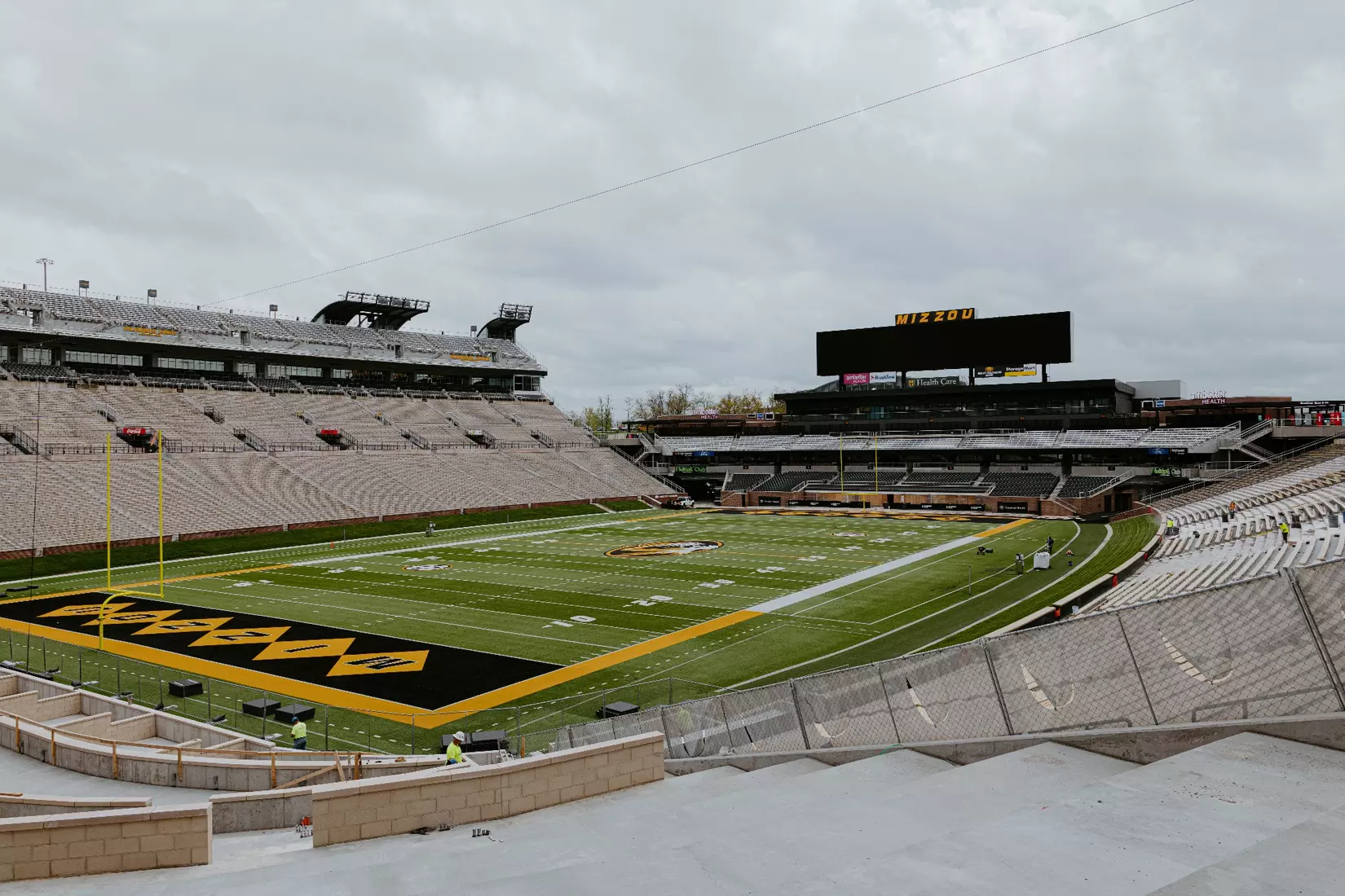 A wide view of Memorial Stadium shows the north end zone transformation taking shape.