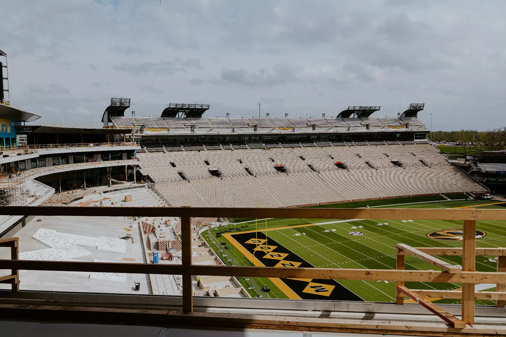 A wide view of Memorial Stadium shows the north end zone transformation taking shape.