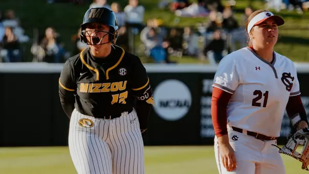 Mizzou's Gracie Britton reaches third after recording an RBI single