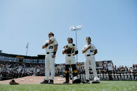 JD Dohrmann, Mateo Serna, Jase Woita stand for the national anthem vs. No. 24 Arkansas, April 25, 2026