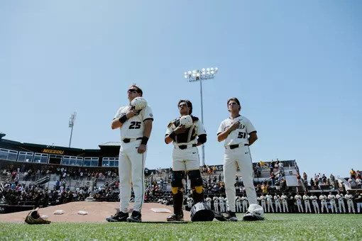 JD Dohrmann, Mateo Serna, Jase Woita stand for the national anthem vs. No. 24 Arkansas, April 25, 2026
