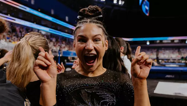 Mizzou gymnast Elise Tisler poses during the floor rotation during the 2025 NCAA Championship Final on April 19, 2025.