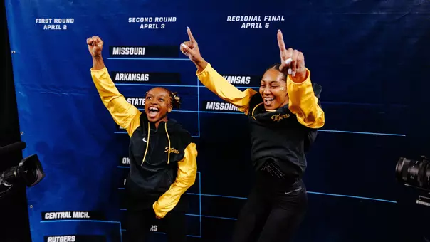 Hannah Horton and Railey Jackson celebrate after Mizzou gymnastics advances to the 2026 NCAA Championship Lexington Regional Final on April 3, 2026.