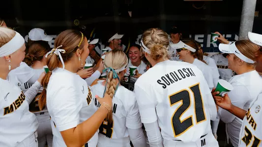 Mizzou softball in the dugout at the SEC Tournament