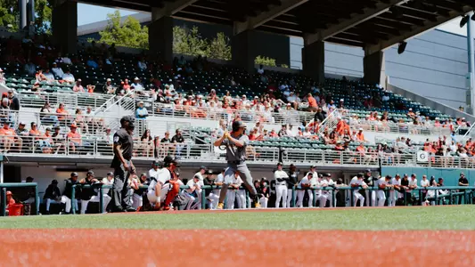 Kam Durnin stands in the box at No. 5 Georgia, May 3, 2026. He homered twice in the game.