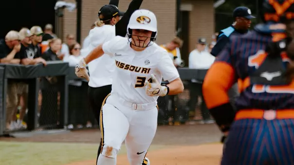 Freshman Addy Waits scores in the first inning of the Mizzou Auburn game at the SEC Tournament