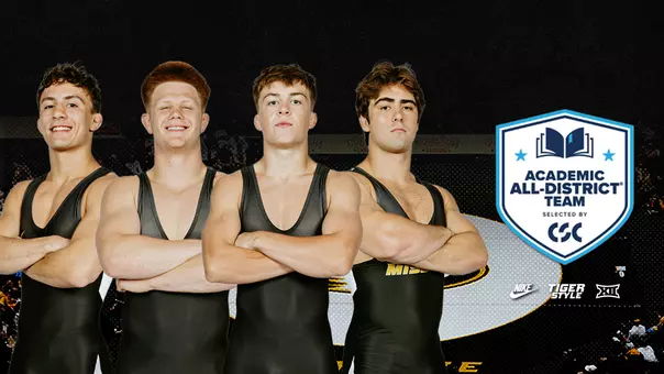 Graphic featuring Easton Hilton, Aeoden Sinclair, Mack Mauger and Jarrett Stoner, Missouri wrestlers, standing shoulder-to-shoulder with their arms crossed, wearing black Mizzou singlets. The wrestlers are posed in front of a dark arena background with a stylized Tiger logo behind them. On the right side of the graphic is the Academic All-District Team badge, indicating recognition by College Sports Communicators (CSC). Mizzou Wrestling, Nike, Tiger Style, and Big 12 logos appear in the lower-right corner. The graphic celebrates four Missouri wrestlers earning Academic All-District honors.
