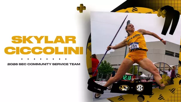 A graphic depicts Skylar Ciccolini throwing javelin with text reading that she received the honor of SEC Community Service Team