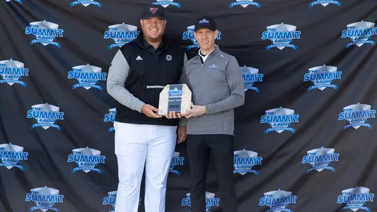 Mathew Halvorson with Josh Fenton at the 2023 Summit League Men's Golf Championship Awards Ceremony