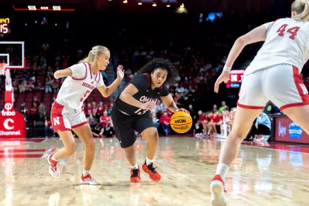Alanna Powell drives against Nebraska