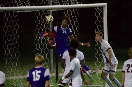 Nathanael Sallah defends the goal against Drake University in a physical 1-1 tie at Caniglia Field, September 17, 2024.