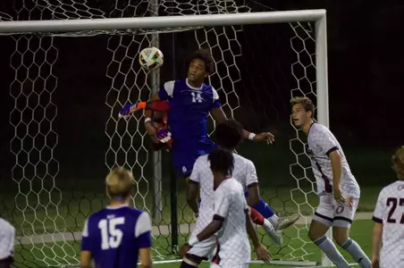 Nathanael Sallah defends the goal against Drake University in a physical 1-1 tie at Caniglia Field, September 17, 2024.