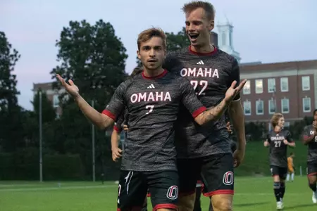 Mathis Pilon St-Pierre (l) and Thore Boehm celebrate the goal that gave Omaha a 2-0 lead.