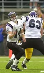 Northwestern quarterback Brett Basanez, left, eyes a bad snap in front of teammate Zach Strief during the second quarter against Iowa.