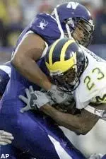 David Thompson tries to stuff Michigan's Chris Perry at the goal line.
