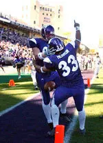 Noah Herron (33) celebrates his go-ahead touchdown in NU's 31-24 double overtime victory vs. Indiana.