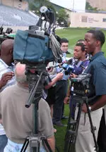 Running back Brandon Roberson answers questions during the football team's annual media day.