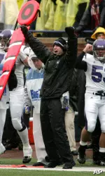 Head coach Pat Fitzgerald celebrates a play in the fourth quarter. (AP Photo/Tony Ding)