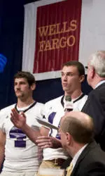 Emcee Ron Franklin interviews Eric Peterman at the Wells Fargo Kickoff Luncheon.