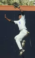 Aaron Newman made a tremendous catch while crashing into the outfield wall. (Photo by Cary Frye)