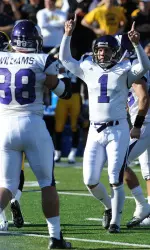 Stefan Demos, named a Lou Groza semifinalist on Monday, celebrates his 47-yard field goal against Iowa.