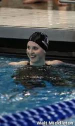 Genny Szymanski reacts after her record-breaking 200 back swim Saturday morning. She was sixth in the event in the evening's championship final.