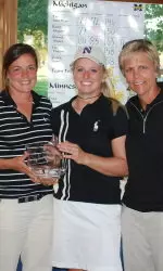 Lauren Weaver (center) poses with her coaches Emily Fletcher (right) and Beth Miller after her Lady Northern individual championship.