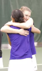 Speeds and Sam celebrate after leading Northwestern to the 2010 ITA National Indoor Team championship.